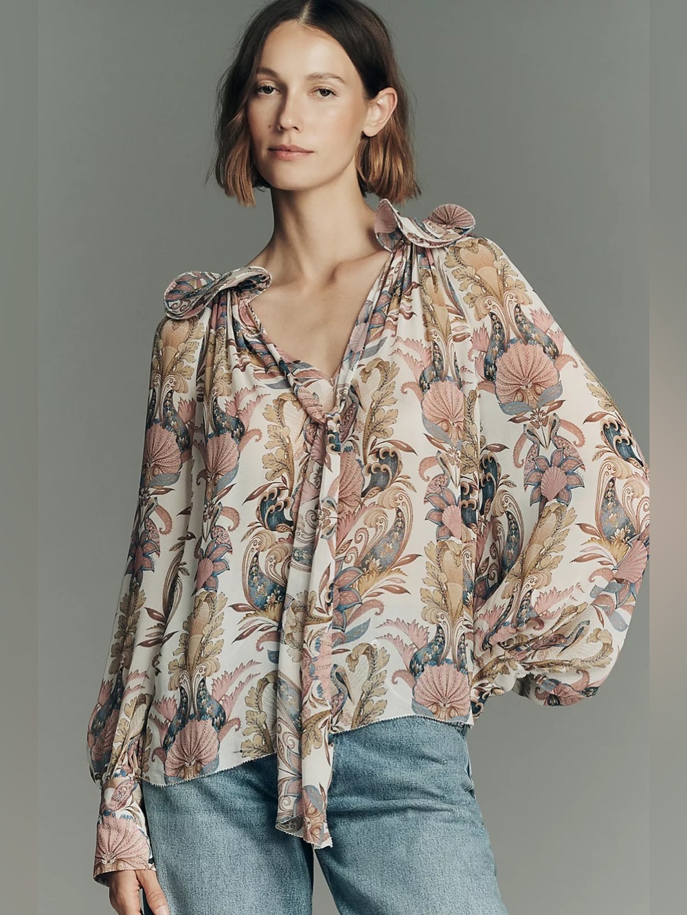 NWT Farm Rio Sea Garden Long-Sleeve Tie-Neck Blouse